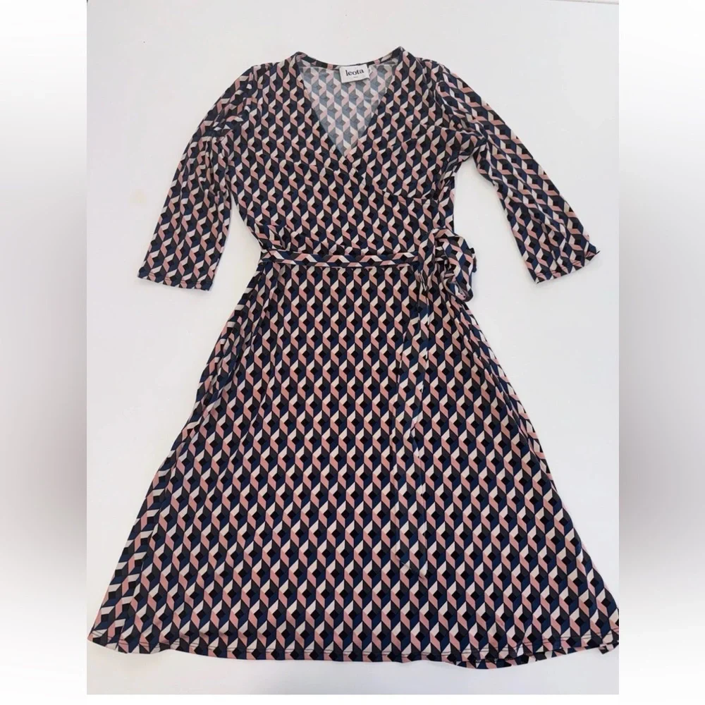 Leota Original Wrap Dress Geometric Handmade In USA navy blush Geometric Sm - Picture 2 of 10